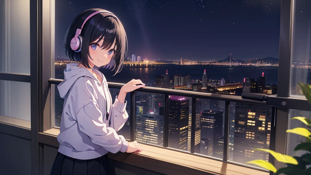 Masterpiece、pastel colour、landscape、alone、Lonely、A cute girl studying alone in her room、Black Hair、Bob Hair、Eyes are purple、Droopy eyes、dream-like、Wearing headphones、Late Night、City night view、Happy、smile、super high quality、Beautiful light、Lo-Fi