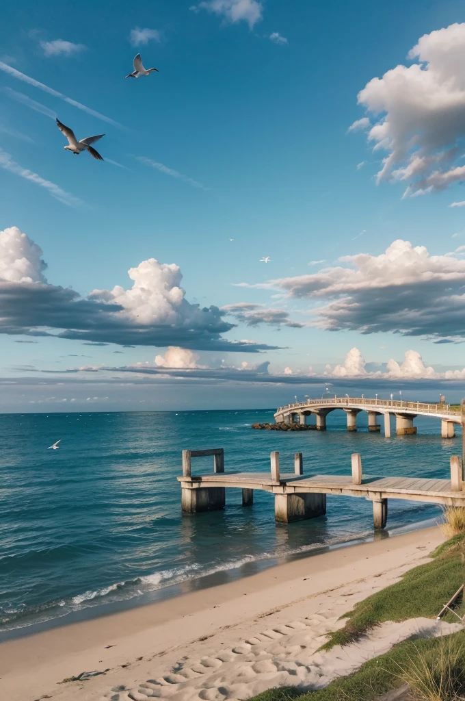 A beach, sky with few clouds, the low sun, a small bridge with birds crossing the sun
