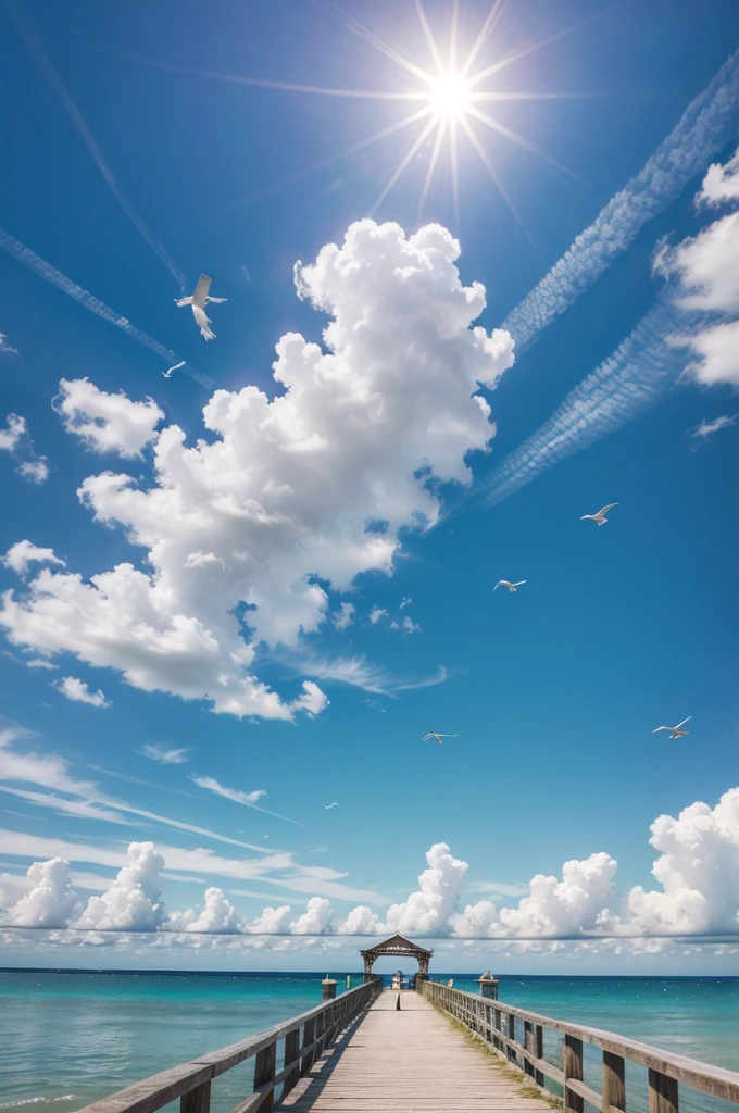 A beach, sky with few clouds, the low sun, a small bridge with birds crossing the sun