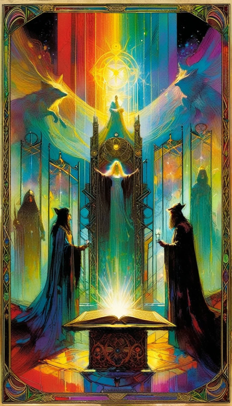 ((tarot card)) THE TRIAL ((card frame)), work by Bill Sienkiewicz, vivid colors, intricate details, oil.
