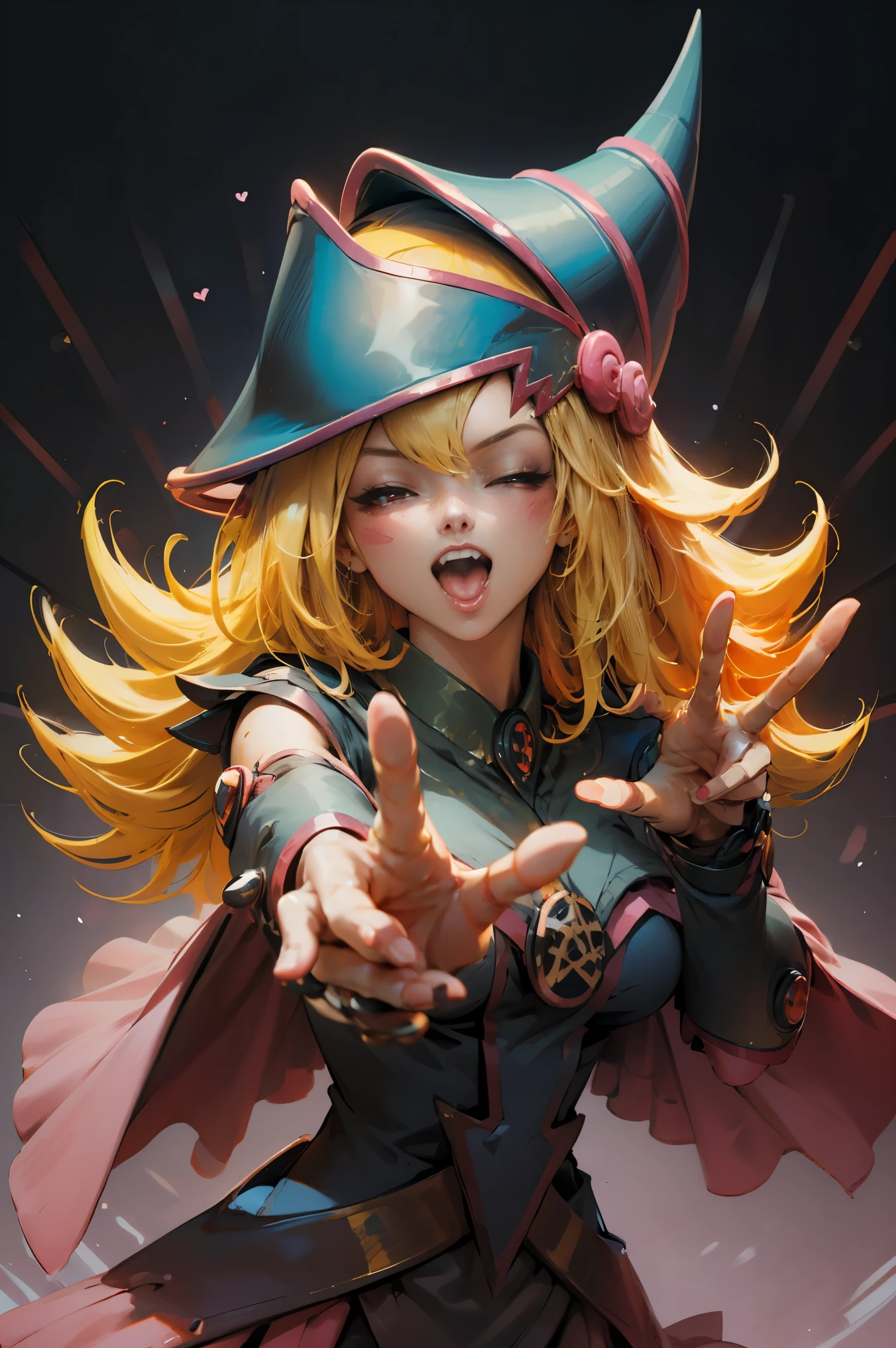 Beautiful dark magician gils. With his hands he makes the sign of love and peace. He has one eye closed and the other open, open voice sticking out the tongue. Gesture of satisfaction and sensuality. pose sexy
