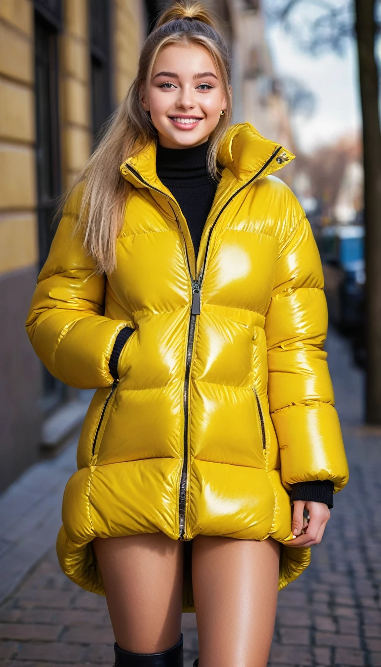 ultrarealistic high quality full body photo of a beautiful busty slim european 18-year-old woman with cute hyperdetailed shy face and natural blonde straight long ponytail and shy smile , realistic round hazel eyes, natural lips, light makeup, wearing shiny metallic bright yellow puffer coat and leather pants, hourglass body, outdoor photography, tanned, nsfw