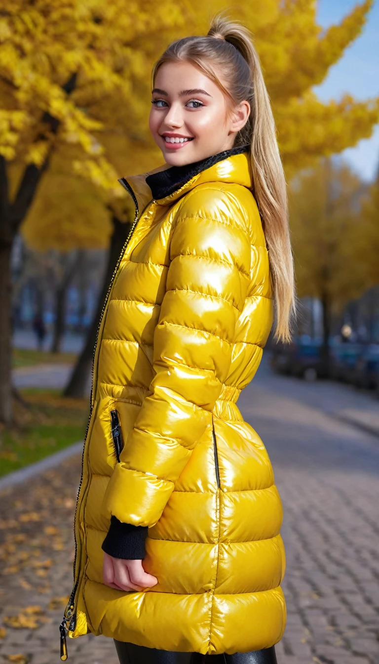 ultrarealistic high quality full body photo of a beautiful busty slim european 18-year-old woman with cute hyperdetailed shy face and natural blonde straight long ponytail and shy smile , realistic round hazel eyes, natural lips, light makeup, wearing shiny metallic bright yellow puffer coat and leather pants, hourglass body, outdoor photography, tanned, nsfw