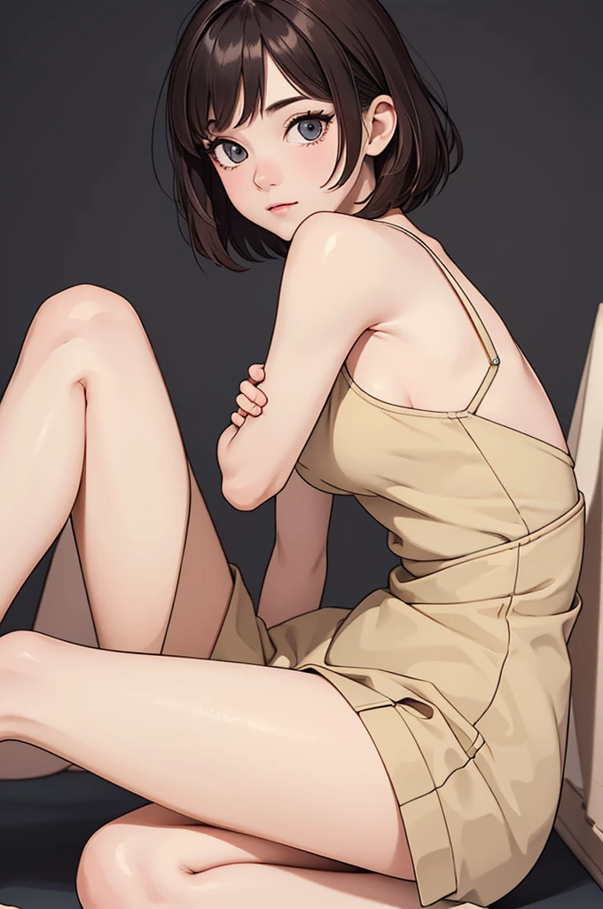 (((masterpiece, best quality, ultra highres, 1 girl, solo, no background))), super detailed skin and face and eyes and finger, beautiful japanese woman, small breasts:1.5, skinny, light brown hair, white background, very short hair, (an illustration of girl), Knee shot, Generate with illustrations, Various expressions, Various poses, Various Costumes, spread legs, Please draw the entire character within the frame, ensuring that the head, arms, and legs are not cut off, The background should be simple, with the character positioned centrally, spread legs,