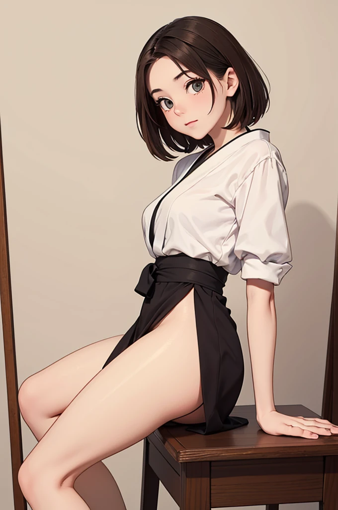 (((masterpiece, best quality, ultra highres, 1 girl, solo, no background))), super detailed skin and face and eyes and finger, beautiful japanese woman, small breasts:1.5, skinny, light brown hair, white background, very short hair, (an illustration of girl), Knee shot, Generate with illustrations, Various expressions, Various poses, Various Costumes, spread legs, Please draw the entire character within the frame, ensuring that the head, arms, and legs are not cut off, The background should be simple, with the character positioned centrally, spread legs,