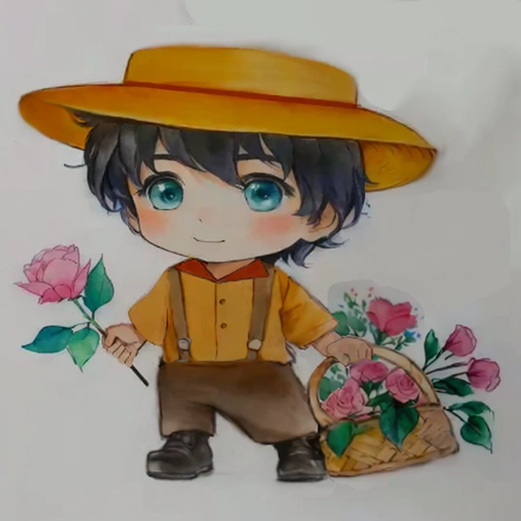 drawing of a boy with a hat and a basket of flowers, japanese farmer, character with hat marrom, colourful drawing, wearing a straw hat and overalls, watercolor and pen, a colored pencil drawing, colourful drawing, colourful drawing, rich aquarium, traditional art, inspired by Junpei Satoh, character with hat, water colour