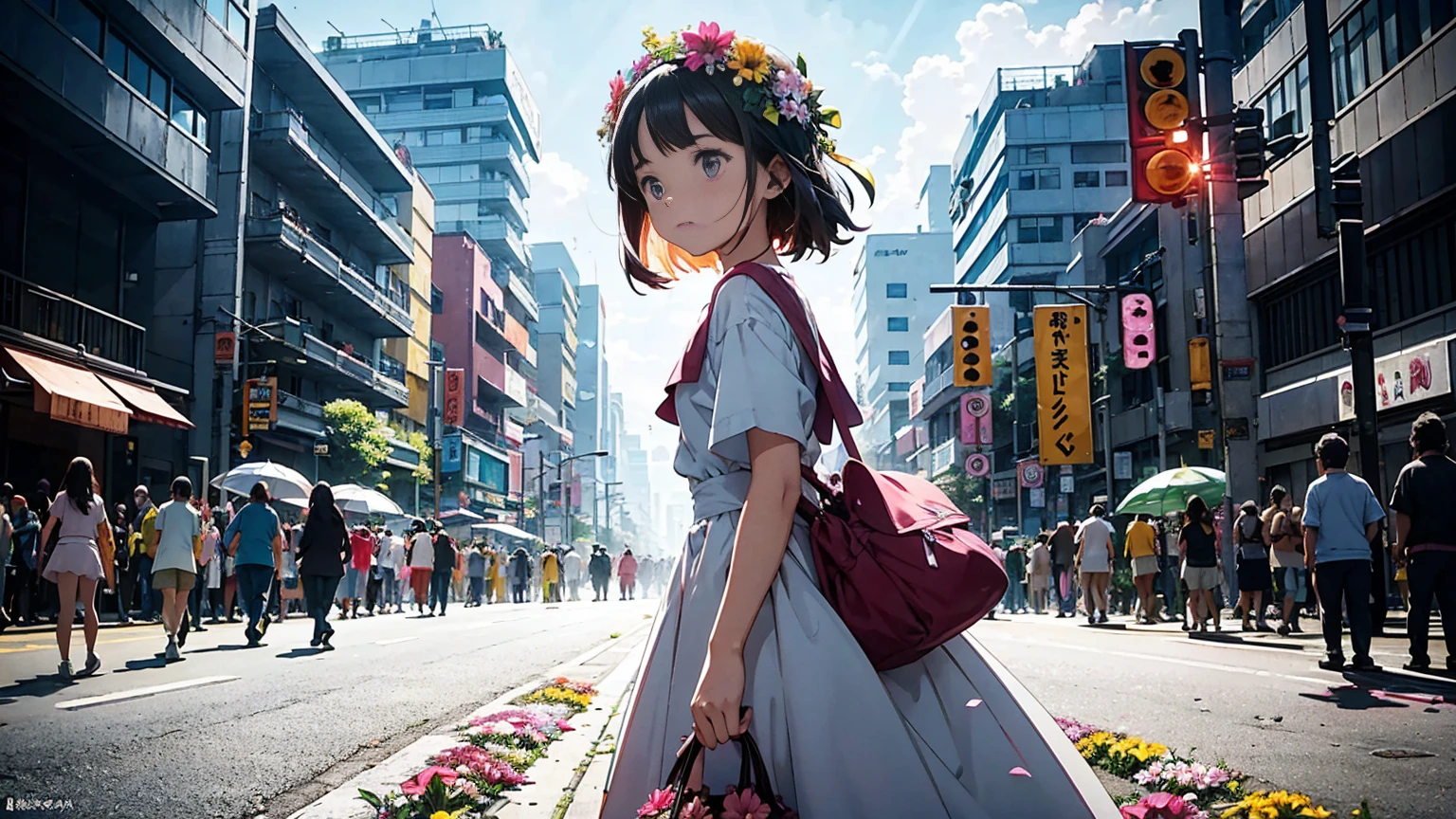 A vibrant flower blooms on the dirty ground of a large gray avenue. A crowd of gray, soulless people crosses the streets. A colorful , glowing with bright hues, stands protectively over the flower, protecting it with her little hands and determined eyes. Sunlight breaks through the dark clouds. Studio Ghibli style