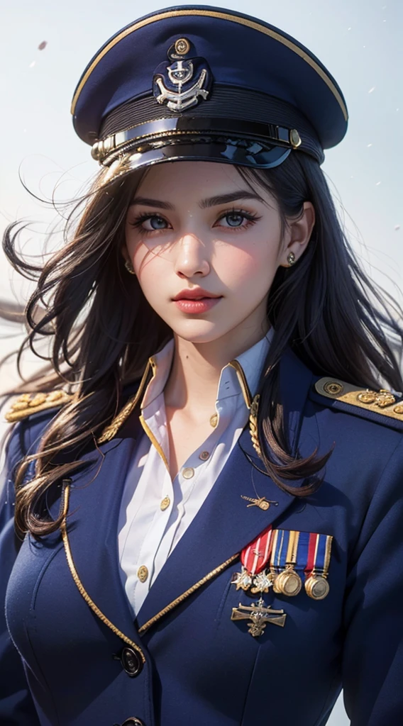 (UHD, retina, masterpiece, ccurate, anatomically correct, textured skin, super detail, high details, high quality, best quality, highres, 1080P, HD, 4K, 8k, 16k), (beautiful detailed eyes, beautiful detailed lips, extremely detailed eyes and face), studio lighting, physically-based rendering, vivid colors, (large breasts, glamorous body), (royal blue color, naval uniform coat, rank insignia:1.5), (peaked cap:1.2), business shirt, gloves, (portrait, shiny hair, shiny skin, blush, hair blowing in the wind), (simple background, bokeh:1.5), eye reflection, jet black hair,