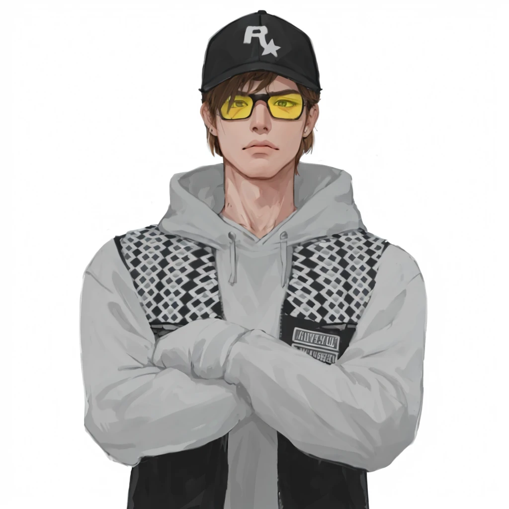 (masterpiece:1.2, best quality), (1men, solo, upper body:1.2),angry face,Hair: buzz cut, Clothing: oversized, distressed denim jacket with patches and pins, paired with black skinny jeans and combat boots, Hanging out in an underground music venue or street art exhibit