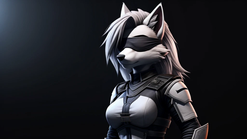 Loona from Helluva Boss, female white wolf, short white hair, blindfold, white combat military armor suit, adult, standing, dark lighting, extremely detailed, solo, beautiful, high quality, 4K