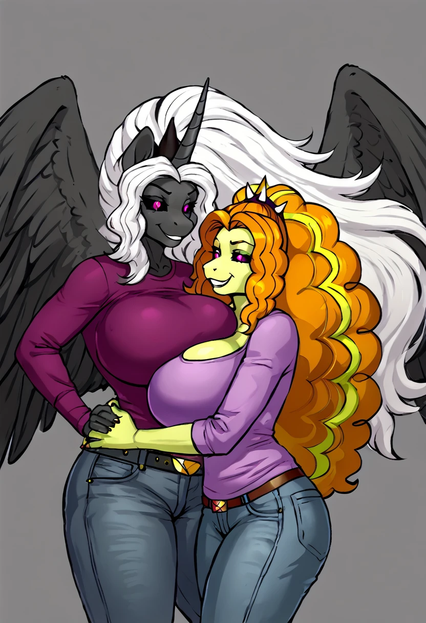 Bigger Alicorn princess mother of Adagio Dazzle , white mane,black sclera ,black body color long flowing mane pink eyes anthro huge breasts smiling ,clothing ,jeans lesbian sexy