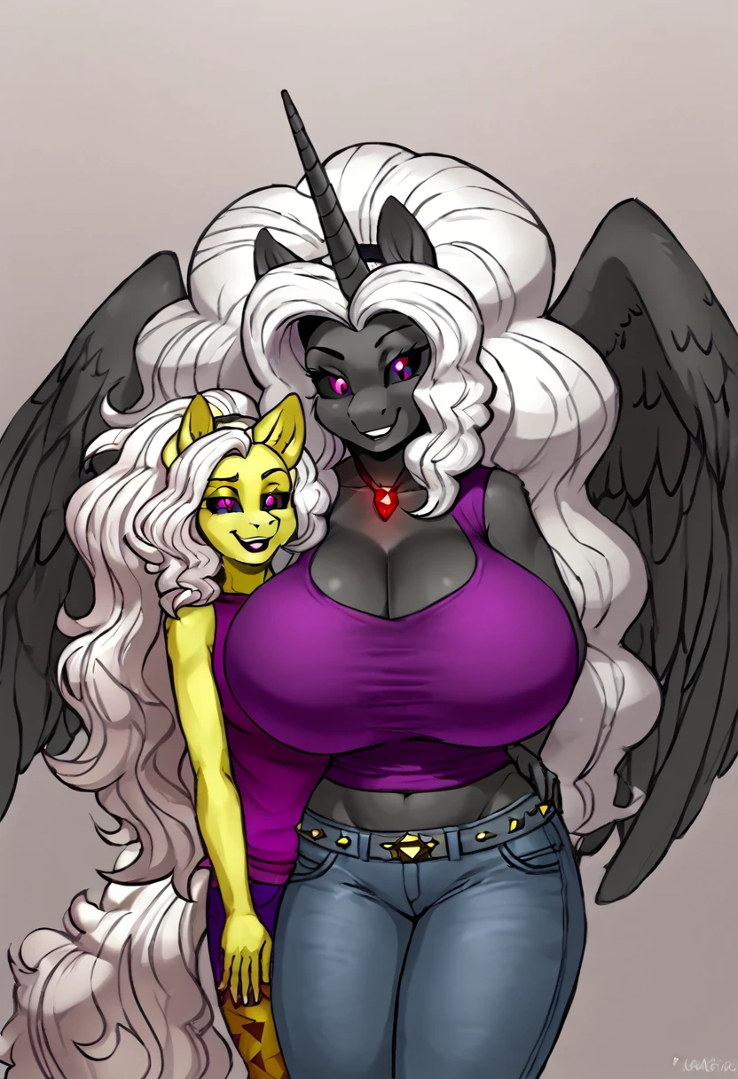 Bigger Alicorn princess mother of Adagio Dazzle , white mane,black sclera ,black body color long flowing mane pink eyes anthro huge breasts smiling ,clothing ,jeans lesbian sexy