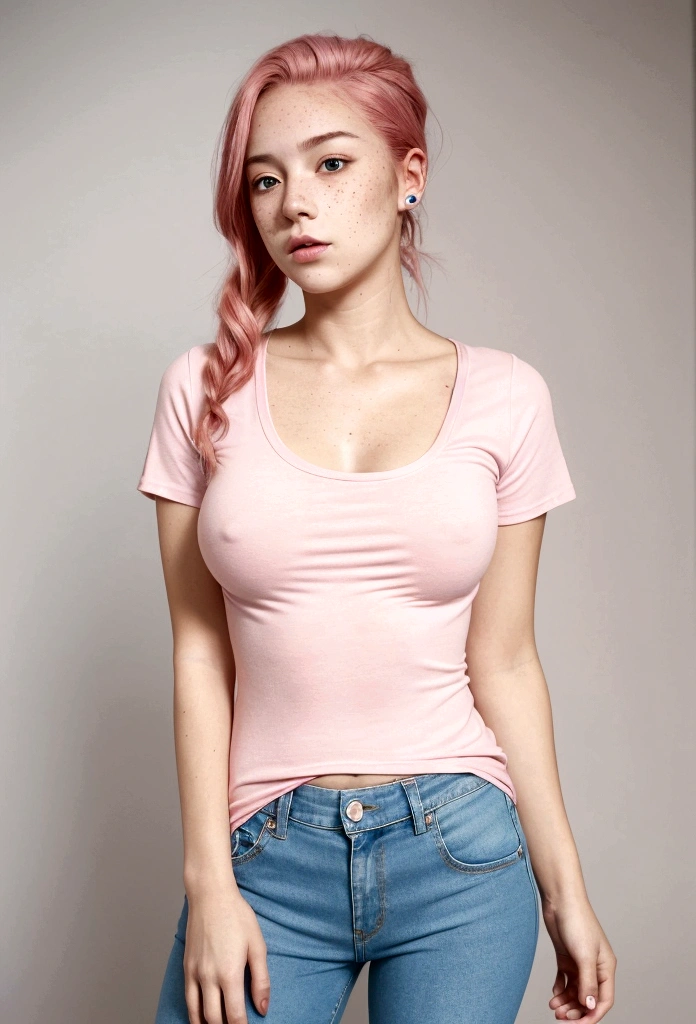a young girl herself, athletic, in short jeans, in a random t-shirt with an exposed neckline, a perfect body, big tits, a big ass, pink hair and with freckles on her face on her nose, posing for a profile photo