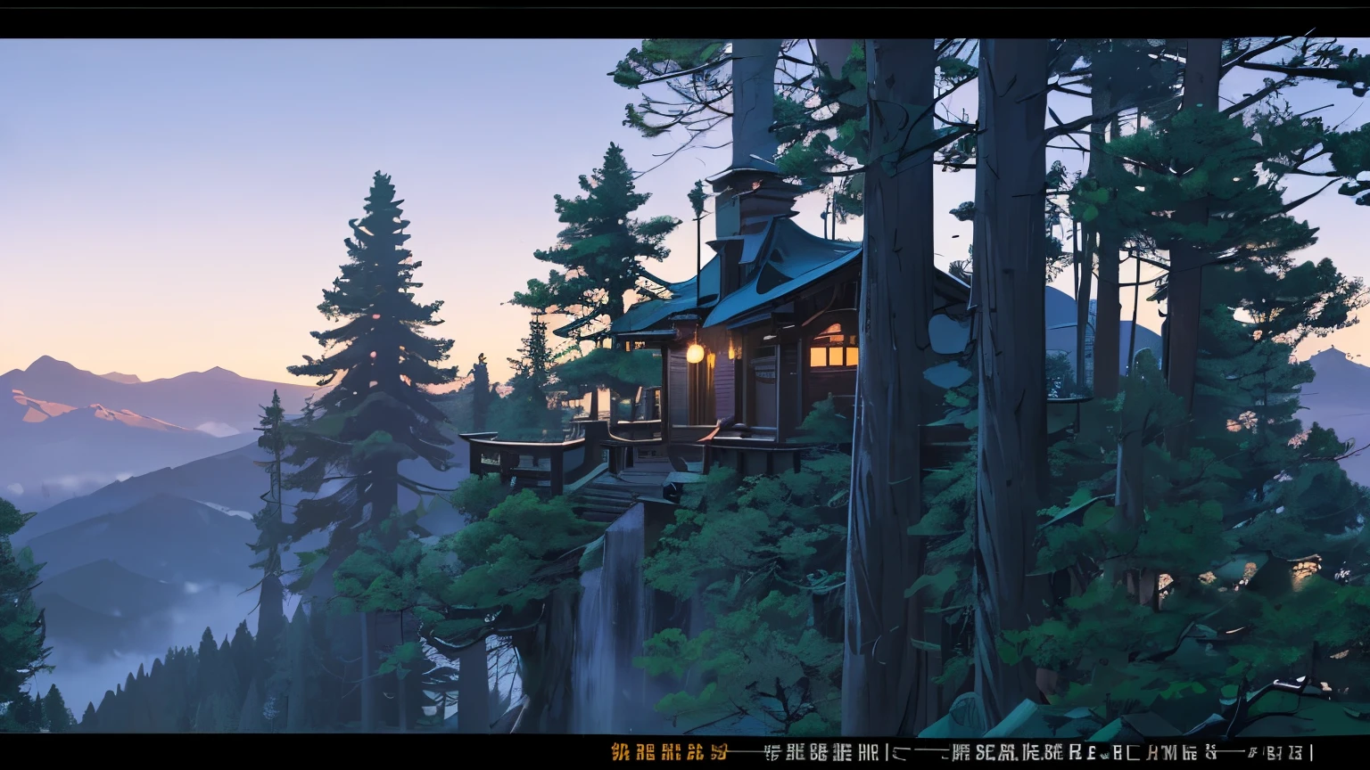 Oriental fantasy atmosphere, (((Dark Night Hours))), (((View from a height of about 5 meters))), (((Bent-Pine))), (((Short, curved old pines as tall as a man))), (((The end of the tree is visible on the screen))), (((Scenery in a narrow forest))), Flat feeling without vanishing point perspective,  photorealistic lighting, (((At night when the moonlight is faint))),  high-definition details, ​masterpiece, Best quality at best, (Highly detailed CG integrated 8k wallpaper), (Top  Quality),  Forest scenery,  The bottom half of the screen is flat ground, Land with a moderate mix of soil and grass, The direction of the road is from the left side of the screen to the right side of the screen., (((At the top half of the screen are very small trees and rocks.))),  Small rocks, Distant view behind the trees, mountains, The dark hour after sunset, The size of the tree is small and it has a lot of curves,