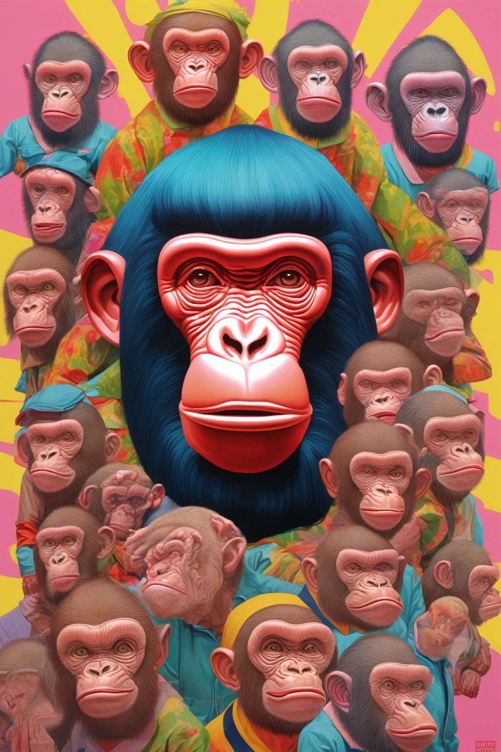APE NFT HIGH QUALITY , bored ape , Alex Gross Style -Yue Minjun singe habillé comme Tyler le créateur craint et déteste le style de magazine étourdi
