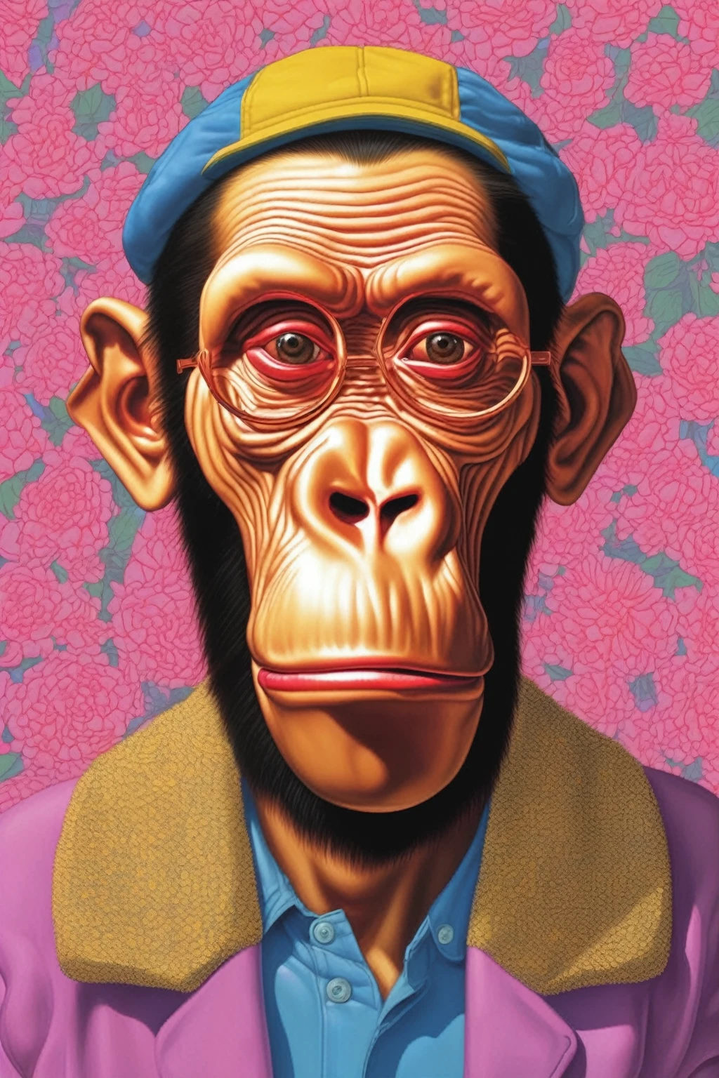 APE NFT HIGH QUALITY , bored ape , Alex Gross Style -Yue Minjun singe habillé comme Tyler le créateur craint et déteste le style de magazine étourdi