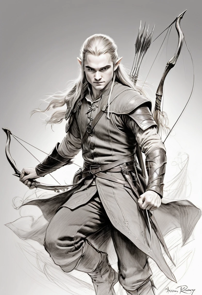 Anime line art of Legolas from The Lord Of The Rings trilogy, in dynamic pose, by Anna Razumovskaya, sketch, best quality, masterpiece, very aesthetic, perfect composition, intricate details, ultra-detailed, B&W
