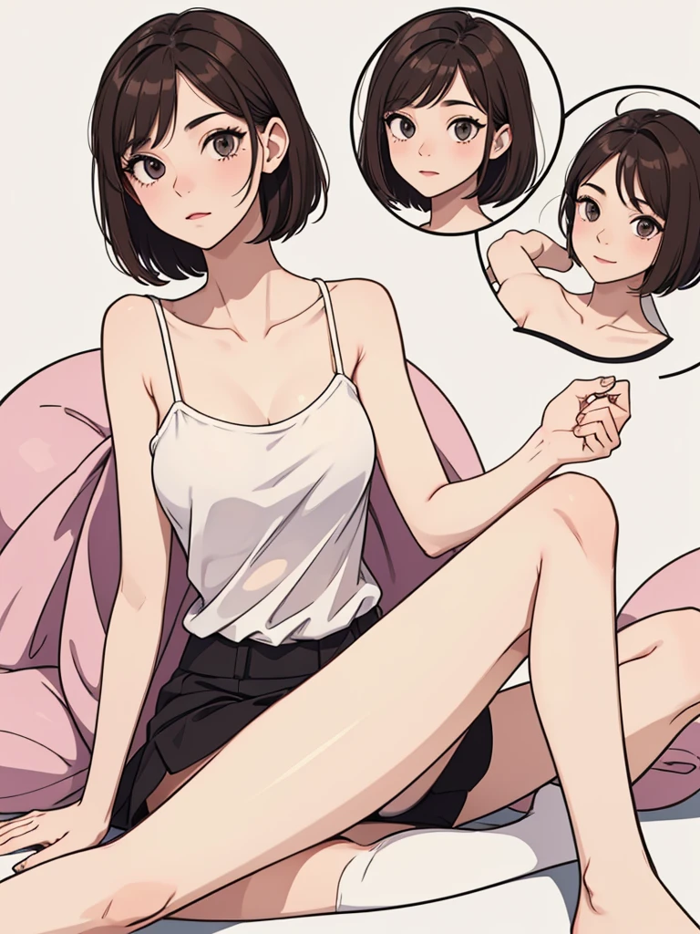 (((masterpiece, best quality, ultra highres, 1 girl, solo, no background))), super detailed skin and face and eyes and finger, beautiful japanese woman, small breasts:1.5, skinny, light brown hair, white background, very short hair, (an illustration of girl), Knee shot, Generate with illustrations, Various expressions, Various poses, Various Costumes, spread legs, Please draw the entire character within the frame, ensuring that the head, arms, and legs are not cut off, The background should be simple, with the character positioned centrally, spread legs,