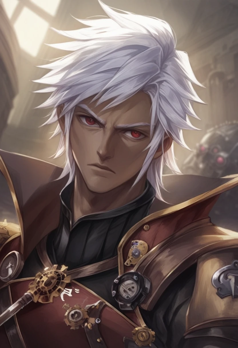((best quality)), ((masterpiece)), (detailed), ((boy)),, (dungeonpunk), (steampunk), half-drow , portrait, red eyes, long white hair, Xemnas from Kingdom Hearts, half-drow,brown skin with a purple hue, (full knight armor), paladin, serious faces