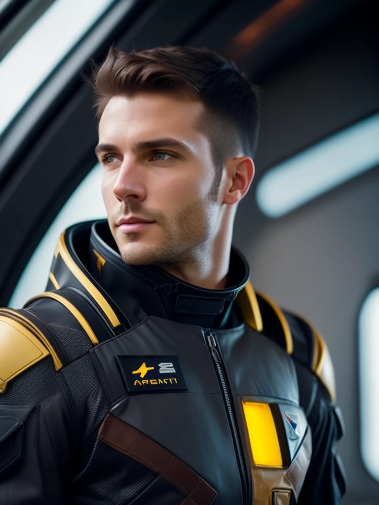 fking_scifi, award-winning photo of a man, black flight suit with yellow accents, brown hair, (gray eyes:1.35), square jawline, asymmetric face, standing in front of a window on a space ship, 80mm, bokeh, mass effect, close up, fking_cinema_v2