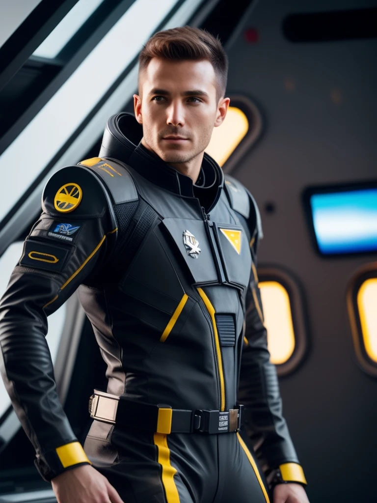fking_scifi, award-winning photo of a man, black flight suit with yellow accents, brown hair, (gray eyes:1.35), square jawline, asymmetric face, standing in front of a window on a space ship, 80mm, bokeh, mass effect, close up, fking_cinema_v2