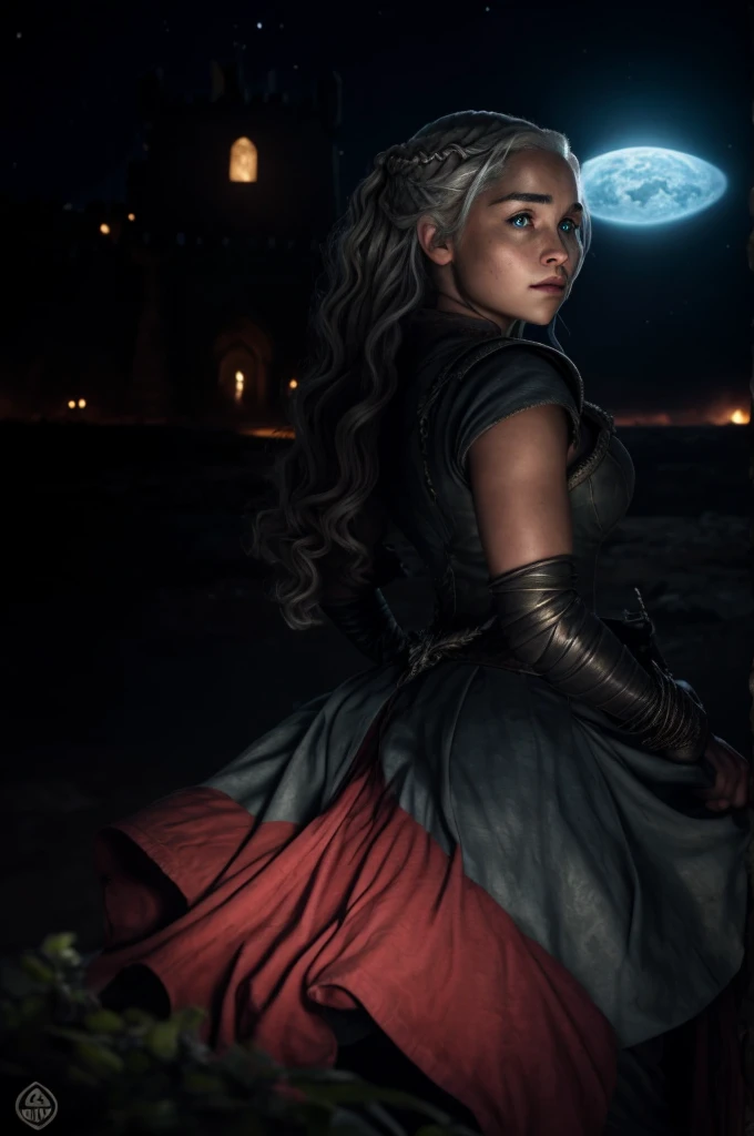 Generate an image of a sexy and serious Daenerys Targaryen with a spectacular body in a scenario that mixes future and medieval aesthetics, com um castelo high tech ao fundo, noite, arte hiperrealista em 4k, noite, lua cheia gigante e aurora boreal, a dragon in the background breathing fire, Daenerys with serious expression