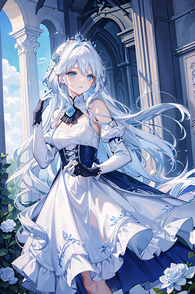White hair and blue eyes、adult、Long, fluffy wavy hair、Braiding、Wearing hair ornaments、Princess、White gloves、Blue roses and white roses、Wearing a lace dress、Being in the water、Fantasy