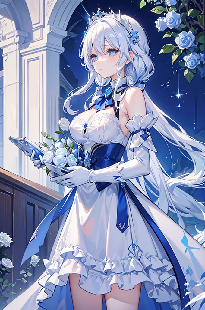 White hair and blue eyes、adult、Long, fluffy wavy hair、Braiding、Wearing hair ornaments、Princess、White gloves、Blue roses and white roses、Wearing a lace dress、Being in the water、Fantasy
