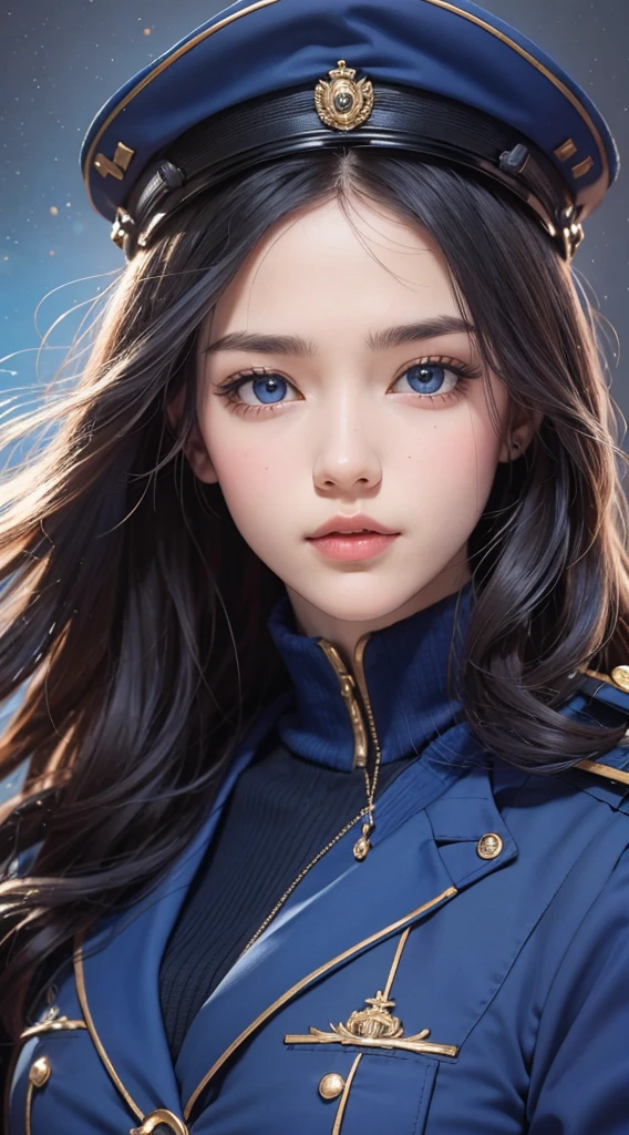 (UHD, retina, masterpiece, ccurate, anatomically correct, textured skin, super detail, high details, high quality, best quality, highres, 1080P, HD, 4K, 8k, 16k), (beautiful detailed eyes, beautiful detailed lips, extremely detailed eyes and face), studio lighting, physically-based rendering, vivid colors, (large breasts, glamorous body), (royal blue color, naval uniform coat, rank insignia:1.5), (peaked cap:1.2), business shirt, gloves, (portrait, shiny hair, shiny skin, blush, hair blowing in the wind), (simple background, bokeh:1.5), eye reflection, jet black hair,