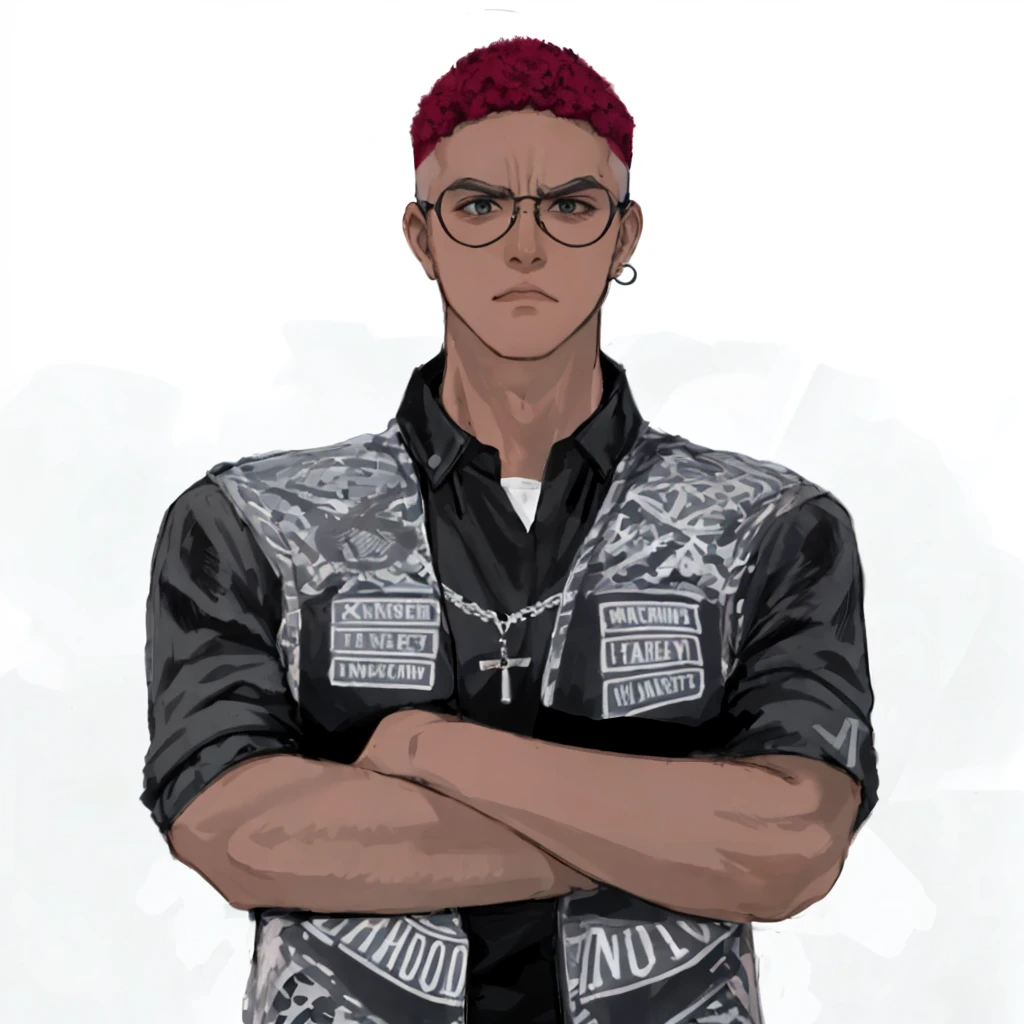 (masterpiece:1.2, best quality), (1men, solo, upper body:1.2),angry face,Hair: buzz cut, Clothing: oversized, distressed denim jacket with patches and pins, paired with black skinny jeans and combat boots, Hanging out in an underground music venue or street art exhibit