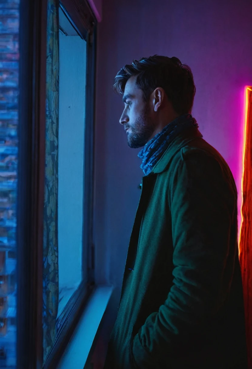 A single man, 30 years old, is waiting in the apartment, near the window, neon light from the street