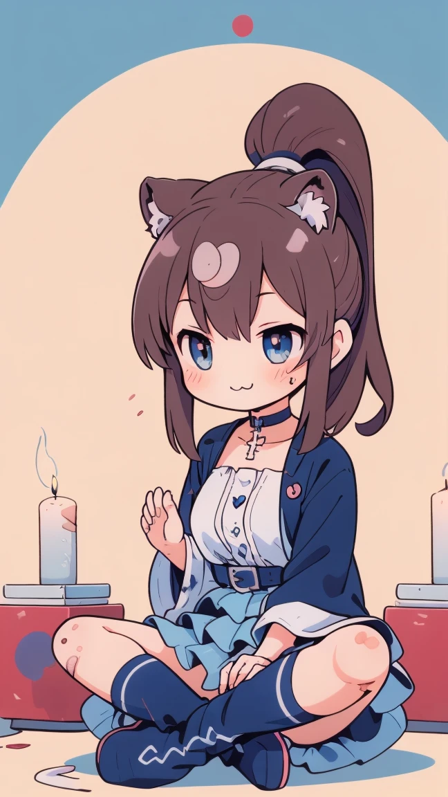 (Line art,Ultra detailed,best quality,masterpiece:1.3), (Photography, realistic, photo-realistic:1.4), (beautiful natural lighting, beautiful deatailed shadow, beautiful detailed glow :1.4),  atmospheric,

BREAK 1 beautiful girl,(Cute:1.5),(Chibi:0.5),(kawaii:2),(Loli:2), (17 years old girl), Very detailed, colourfull, highest details, BREAK, (Huge breasts: 1. 2), Clear skin, Beautiful skin, Shy skin,(Brown hair:1.75), (fluffy Big cat ears, Ponytail, medium-Long hair: 1. 2), (Light blue eyes, long eyelashes, Double eyelids: 1. 2),Solo,gleaming skin, Clear skin, Beautiful skin,(best quality face),(Top quality glowing eyes),(evil smile, blush :1.45), (cross wound on cheek: 1.45),

//Character
1girl,

BREAK (black and yellow theme:1.4), ((japanese idol costume with bee motif, punk and fancy style):1.2), (roll-up sleeves Latex black closed jacket with yellow bellied lapel:1.4), (zip-up:1.5), (costume divided into tops and bottoms:1.3), (collarbone:1.3), (crazy amount of buttons and needles:1.2), (yellow (eyelet belt, grommet belt):1.3), (yellow (See-through tulle skirt, tulle Layered mini skirt) with ruffles:1.3), (fancy over-knee-socks with black and yellow striped pattern:1.4), (black high platform boots with lace-up:1.2), (choker with silver needles:1.3), (bangle with silver needles:1.3), (Cute logo with a bee motif on jacket:1.2),BREAK

(looking up, sitting cross-legged (i.e. Indian style), Japanese temple, Todaiji, Maitreya statue in background, two Japanese candles, seven incense sticks, hands together, prayer pose, eyes closed, large prayer beads around neck:1.6),
BREAK wakame,wakame,wakame,(cowboy shot,from front:1.4),  BREAK manga illustration,manga style,

