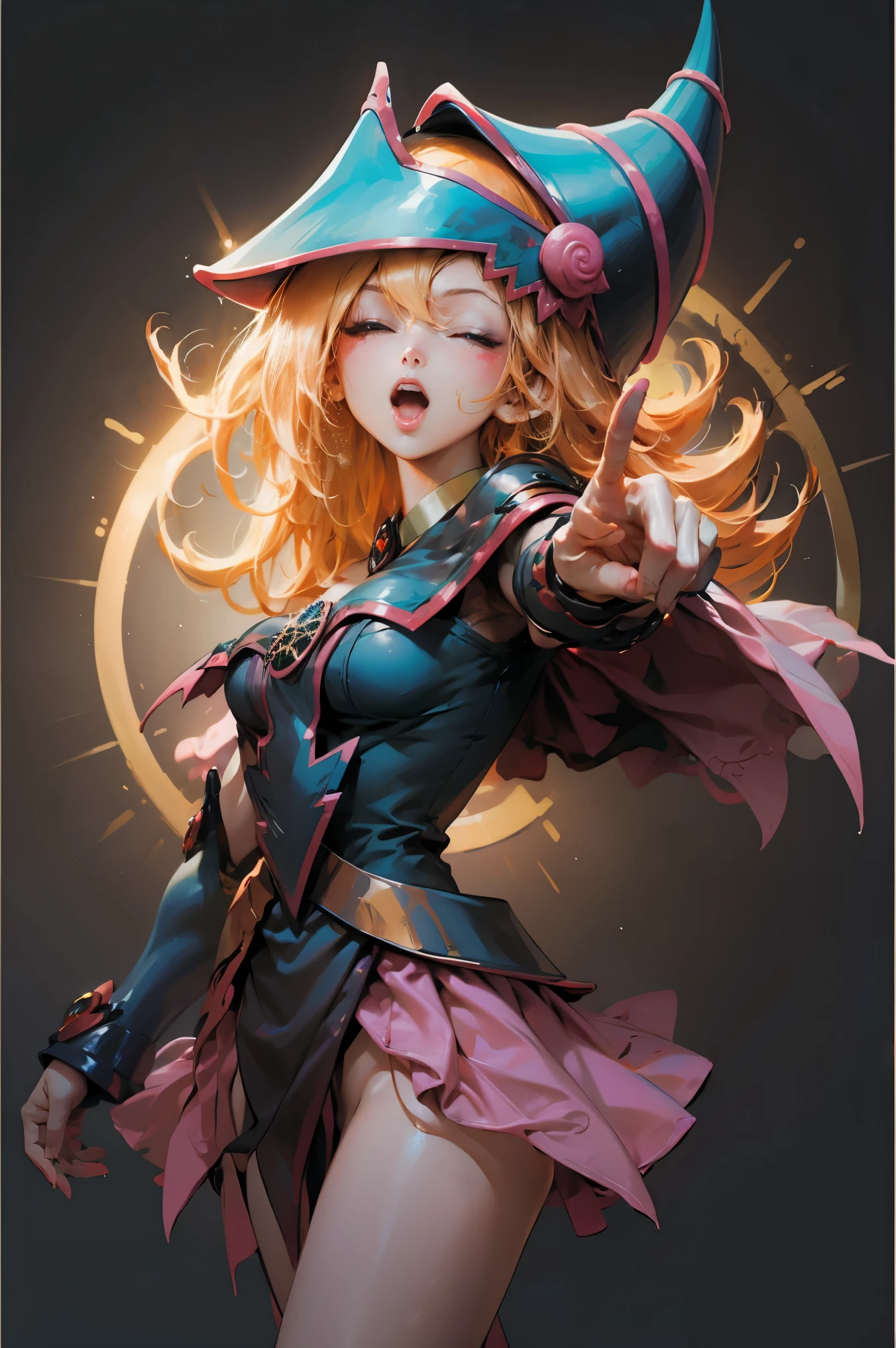 Beautiful dark magician gils. With his hands he makes the sign of love and peace. He has one eye closed and the other open, open voice sticking out the tongue. Gesture of satisfaction and sensuality. pose sexy 