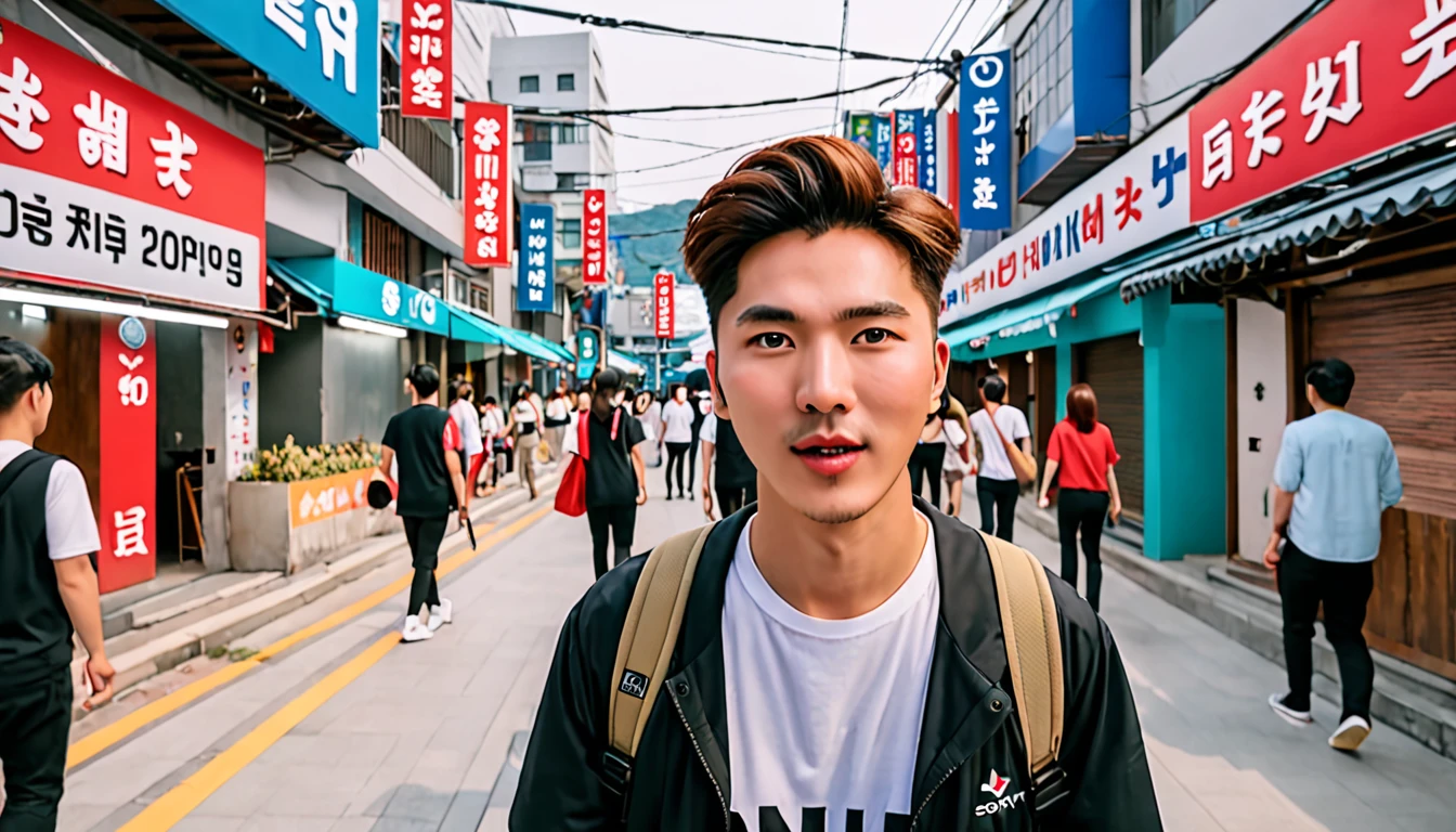 YouTuber, vlog, Street, realistic expression, dynamic, Korea people, sony camera