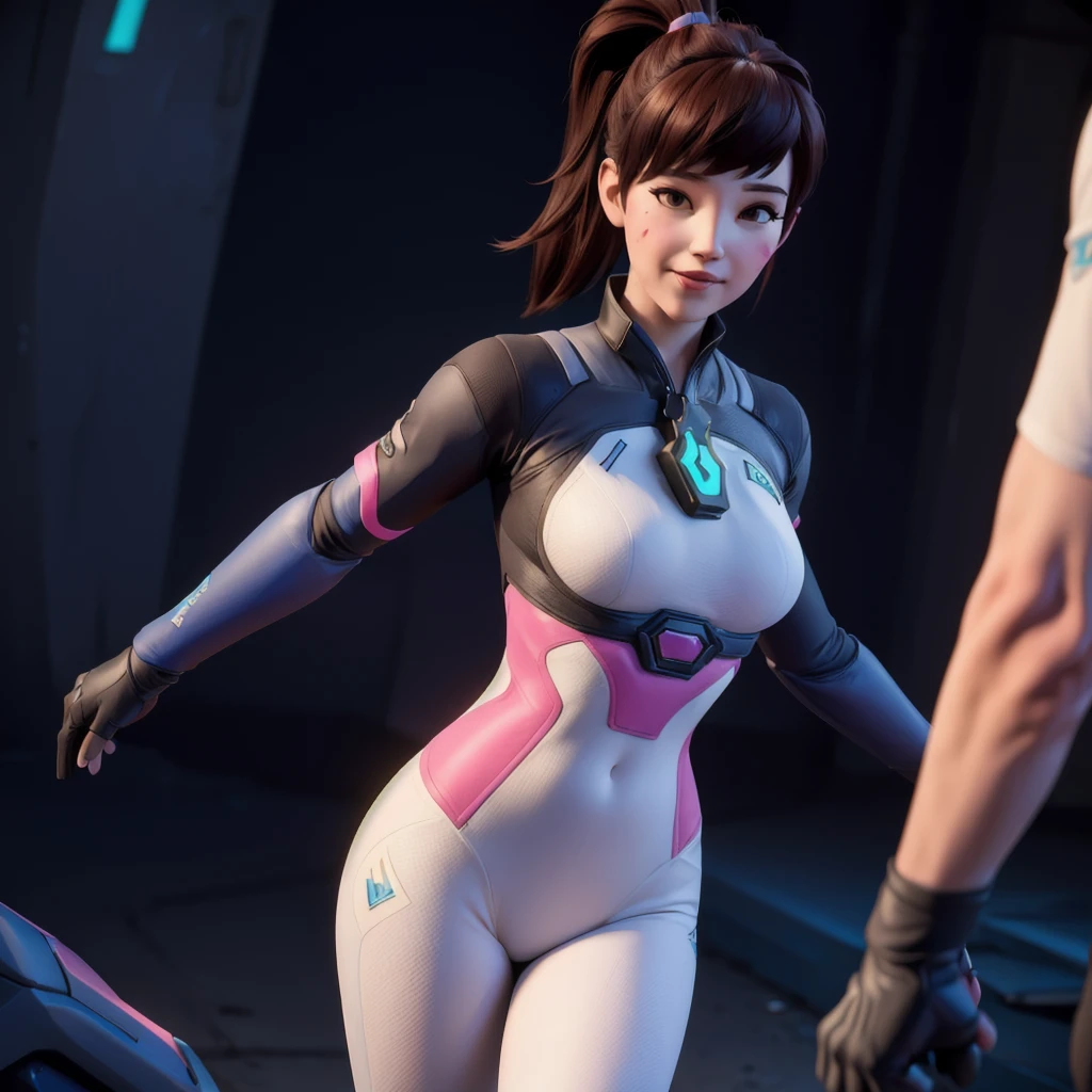 DVA from Overwatch without her mech, a woman with short brown hair in a ponytail,she stands in Busan Korea, high quality refelctions, volumetric lighting, she is wearing her classic thin tight figure hugging stretchy pink white and blue full bodysuit, soft simple plain sport bodysuit, the bodysuits is like a yoga outfit, she stands on the street, (1 girl solo), cinematic lighting, high resolution, physically-based rendering, 8k, volumetric lighting, hyperrealistic, detailed facial features, masterpiece, full upper body, city in background, cinematic,she has very small breasts, flat breasts , the focus is on her whole body and the environment, cinematic screenshot, you can see the whole environment and her standing on the street, the picture has a very soft look at soft textures, cute smile, her arms are on her side, DVA is posing and does a peace symbol with her fingers, woman body, no bra, 1 person, 1 head, Overwatch cinematic graphic style