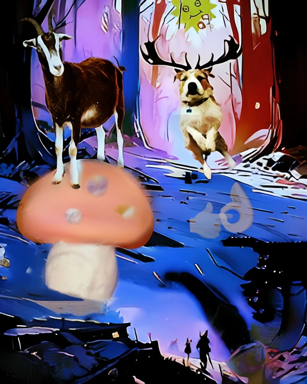 a white and tan jack Russell terrier named George ate all of his owner's psychedelic psilocybin mushrooms and now he finds himself tripping BALLS on a wacky wild adventure with his new best friend who happens to be a brown and white GOAT named Kevin, extreme detail, digital art, psychedelic firey, fire, photorealistic, whimsical, colourful lighting, wide angle lens, slow shutter speed