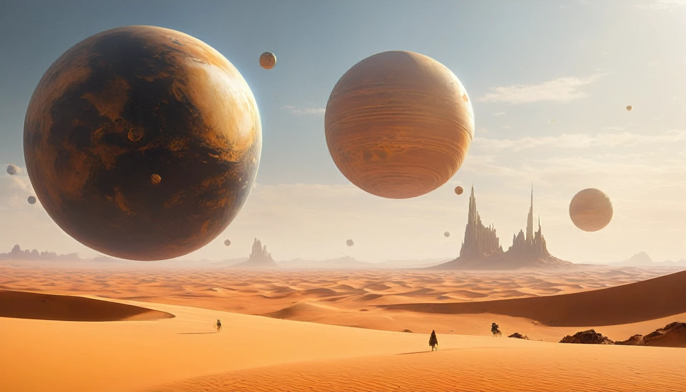 Three white balls flying in the sky above the desert, Desert Planet, inspired Jessica Rossier, Tatooine, Jessica Rossier, Floating Planet, film still from movie dune-2021, PS5 Cinematic Screen Capture, Planet in the sky, 遠く離れたDesert Planetで, Planet in the sky、I can see the rocks、coastline、I can see the waves、Girl sitting、A little dim、