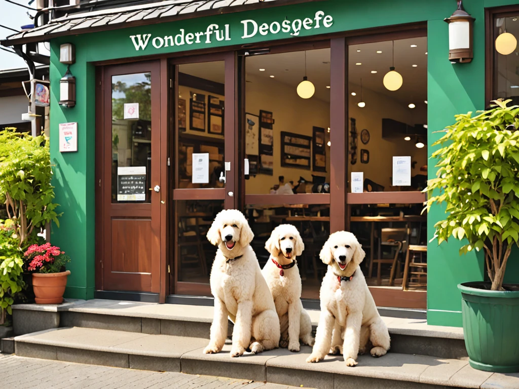 Therapy Dog Cafe「Wonderful Wonder」Generate the appearance of。

building:
- 温かみのある木造りのbuilding
- 茶色の木目調の外観
- 緑の木々がbuildingの周りに見える

看板:
- カラフルな看板がbuildingに掲げられている
- 看板には「Wonderful Wonder」The name of the cafe is written on the sign - the color of the sign is red.、green、Use bright colors such as yellow for the entrance:
- Two therapy dogs sitting、Welcoming guests - What breed of dog is this?、Standard poodle and Labrador retriever - dogs with friendly expressions、Other details wagging the tail:
- buildingの周りには、There is a dog water station and a bench in front of the cafe.、花壇や緑地がある
- 日差しがbuildingを暖かく照らしている

全体的な雰囲気:
- Interact with therapy dogs、温かみのあるカフェという印象を与える
- 木造りのbuildingとカラフルな看板、And the therapy dogs that greet you at the entrance、Producing a space of healing and relaxation