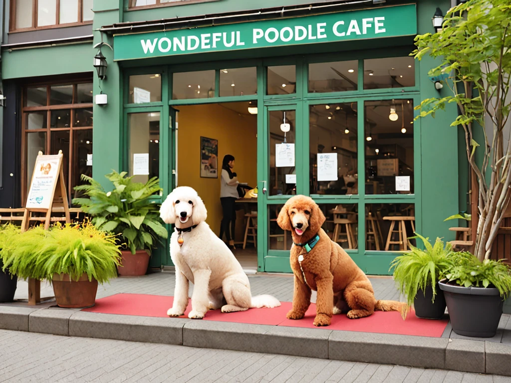 Therapy Dog Cafe「Wonderful Wonder」Generate the appearance of。
building:
- 温かみのある木造りのbuilding
- 茶色の木目調の外観
- 緑の木々がbuildingの周りに見える
看板:
- カラフルな看板がbuildingに掲げられている
- 看板には「Wonderful Wonder」The name of the cafe is written on the sign - the color of the sign is red.、green、Use bright colors such as yellow for the entrance:
- Two therapy dogs sitting、Welcoming guests - What breed of dog is this?、Standard poodle and Labrador retriever - dogs with friendly expressions、Other details wagging the tail:
- buildingの周りには、There is a dog water station and a bench in front of the cafe.、花壇や緑地がある
- 日差しがbuildingを暖かく照らしている
全体的な雰囲気:
- Interact with therapy dogs、温かみのあるカフェという印象を与える
- 木造りのbuildingとカラフルな看板、And the therapy dogs that greet you at the entrance、Producing a space of healing and relaxation