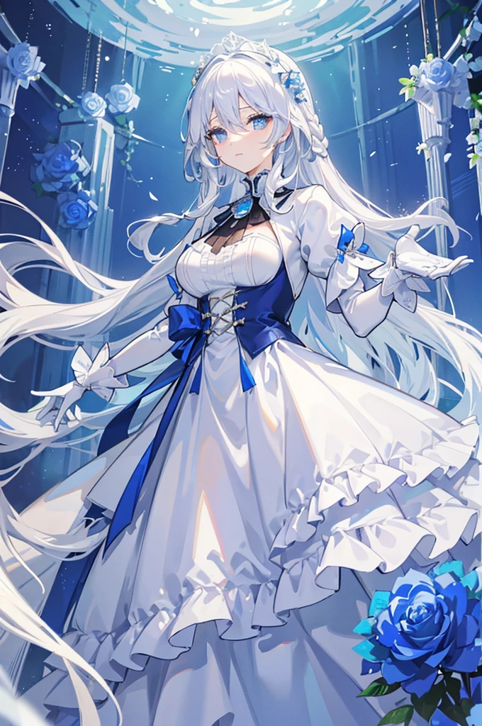White hair and blue eyes、adult、Long, fluffy wavy hair、Braiding、Wearing hair ornaments、Princess、White gloves、Blue roses and white roses、Wearing a lace dress、Being in the water、Fantasy
