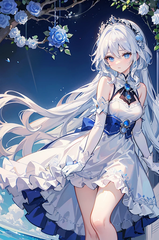 White hair and blue eyes、adult、Long, fluffy wavy hair、Braiding、Wearing hair ornaments、Princess、White gloves、Blue roses and white roses、Wearing a lace dress、Being in the water、Fantasy