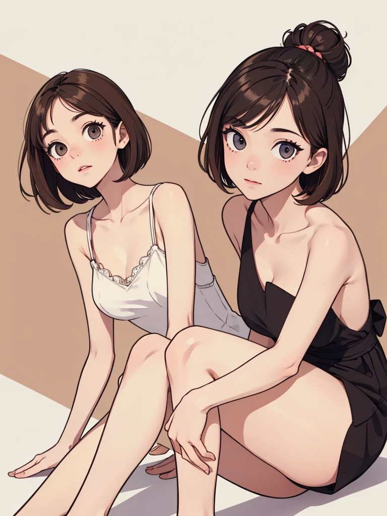 (((masterpiece, best quality, ultra highres, 1 girl, solo, no background))), super detailed skin and face and eyes and finger, beautiful japanese woman, small breasts:1.5, skinny, light brown hair, white background, very short hair, (an illustration of girl), Knee shot, Generate with illustrations, Various expressions, Various poses, Various Costumes, spread legs, Please draw the entire character within the frame, ensuring that the head, arms, and legs are not cut off. The background should be simple, with the character positioned centrally, spread legs,