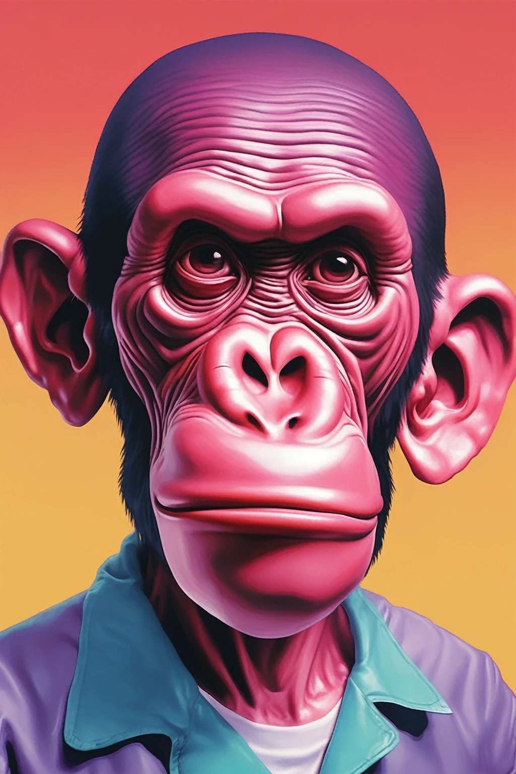 APE NFT HIGH QUALITY , bored ape , Alex Gross Style -Yue Minjun singe habillé comme Tyler le créateur craint et déteste le style de magazine étourdi zombi fume un joint
