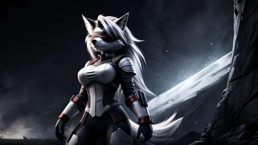 Loona from Helluva Boss, female white wolf, short white hair, blindfold, white combat military armor suit, adult, standing, dark lighting, extremely detailed, solo, beautiful, high quality, 4K