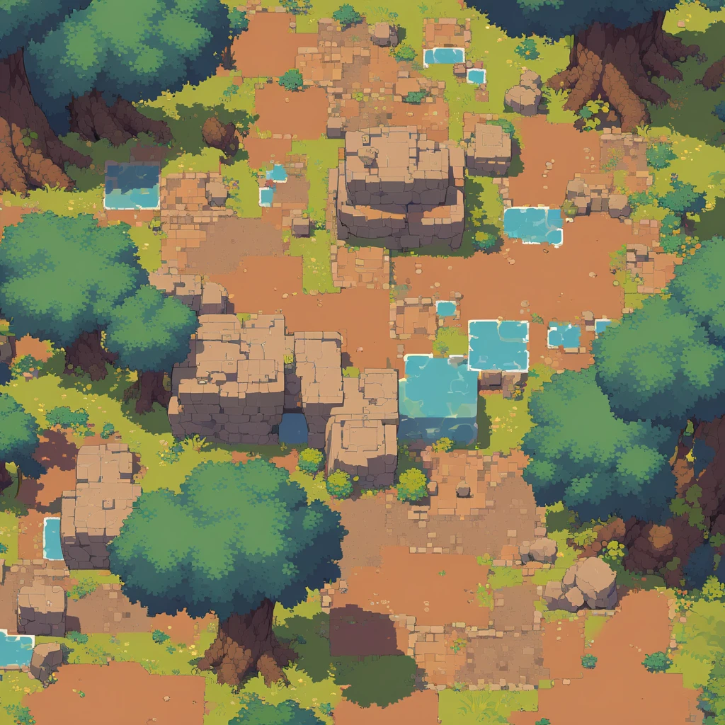 retro video game style,pixelated graphics,vibrant colors,8-bit characters,blocky shapes,sharp lines,detailed shading,classic gaming vibe,nostalgic atmosphere,classic arcade games,masterpiece:1.2,ultra-detailed,illustration style, 2d texture, clay texture, stone texture, 4 k seamless mud texture, video game texture, dirt texture, tileset, game tiles, clay material, flat texture, grass, trees, rock texture, rocky ground, forest, topdown view, game texture, game art, ground very detailed, dirt, floor texture, tileable texture, flowers, bushes, shrubs, intricate ground stone, top down view, 3/4th perspective