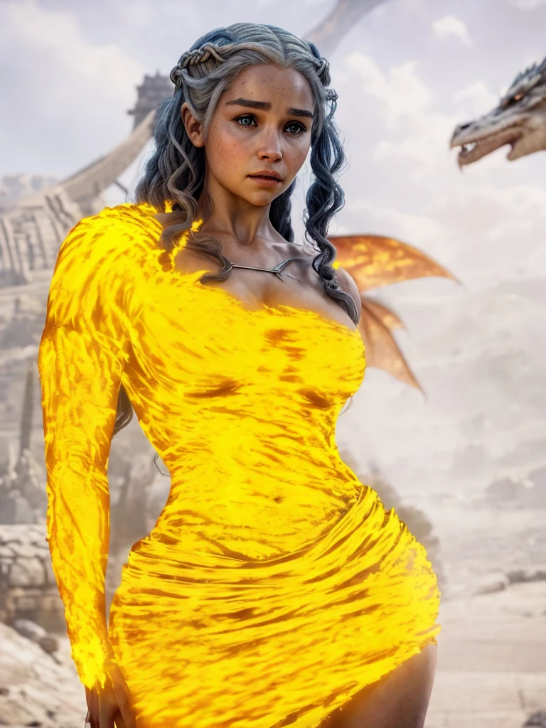 Generate an image of a sexy and serious Daenerys Targaryen with a spectacular body in a scenario that mixes future and medieval aesthetics, com um castelo high tech ao fundo, noite, arte hiperrealista em 4k, noite, lua cheia gigante e aurora boreal, a dragon in the background breathing fire, Daenerys with serious expression