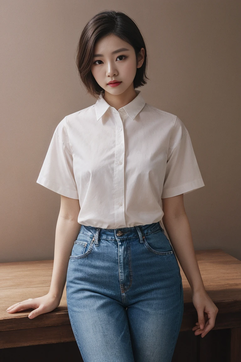 Beautiful woman、Short Hair、tall、Looking this way、Sharp Eyes、High nose、Sharp contours、Fair skin、TWearing a shirt、Wearing jeans