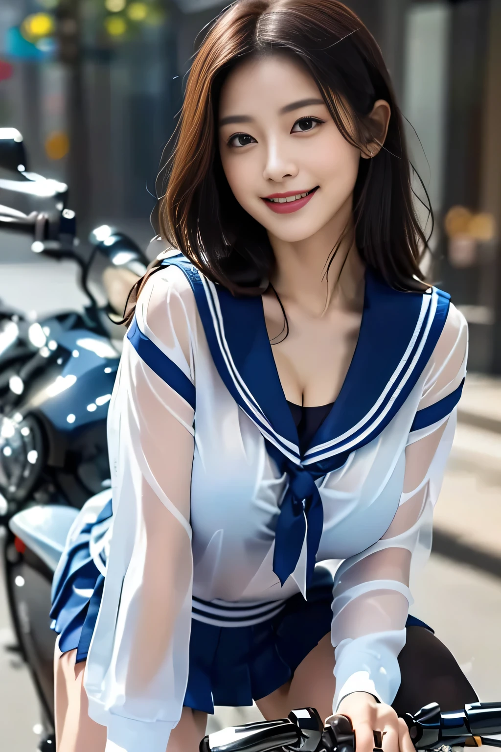 Big and ample breasts、(((A sheer white sailor suit that clings to the chest,school uniform:1.7))),(((A woman wearing a see-through sailor suit:1.7 ))),(((A woman riding a colorfully custom-painted motorcycle through the city:1.7))), Shiny light brown and orange striped short hair,Cute Smile,Perfect round face,A bright smile that makes everyone happy,Proper body balance,Tabletop,Ultra-high quality output images,High resolution,Intricate details,Very delicate and beautiful hair,Realistic photos,dream-like,Professional Lighting,Realistic Shadows,Focus Only,Beautiful Hands,Beautiful fingers,Detailed functions of the fingers,Detailed characteristics of the garment,Detailed characteristics of hair,Detailed facial features,(((Accentuate your breasts:1.3))),(Dynamic Angle),(Dynamic and sexy pose),Laughter、Cute round face,,(Tabletop,Highest quality,Ultra-high resolution output image,) ,(8K quality,),(Picture Mode Ultra HD,)