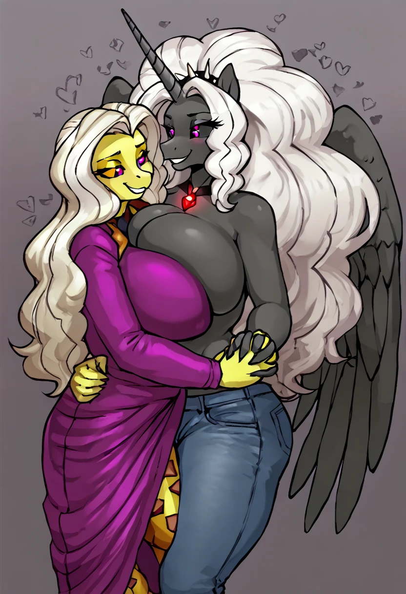 Bigger Alicorn princess  mother of Adagio Dazzle  , white mane,black sclera ,black body color  long flowing  mane pink  eyes anthro huge breasts smiling ,clothing ,jeans lesbian sex holding arms, couple , love birds