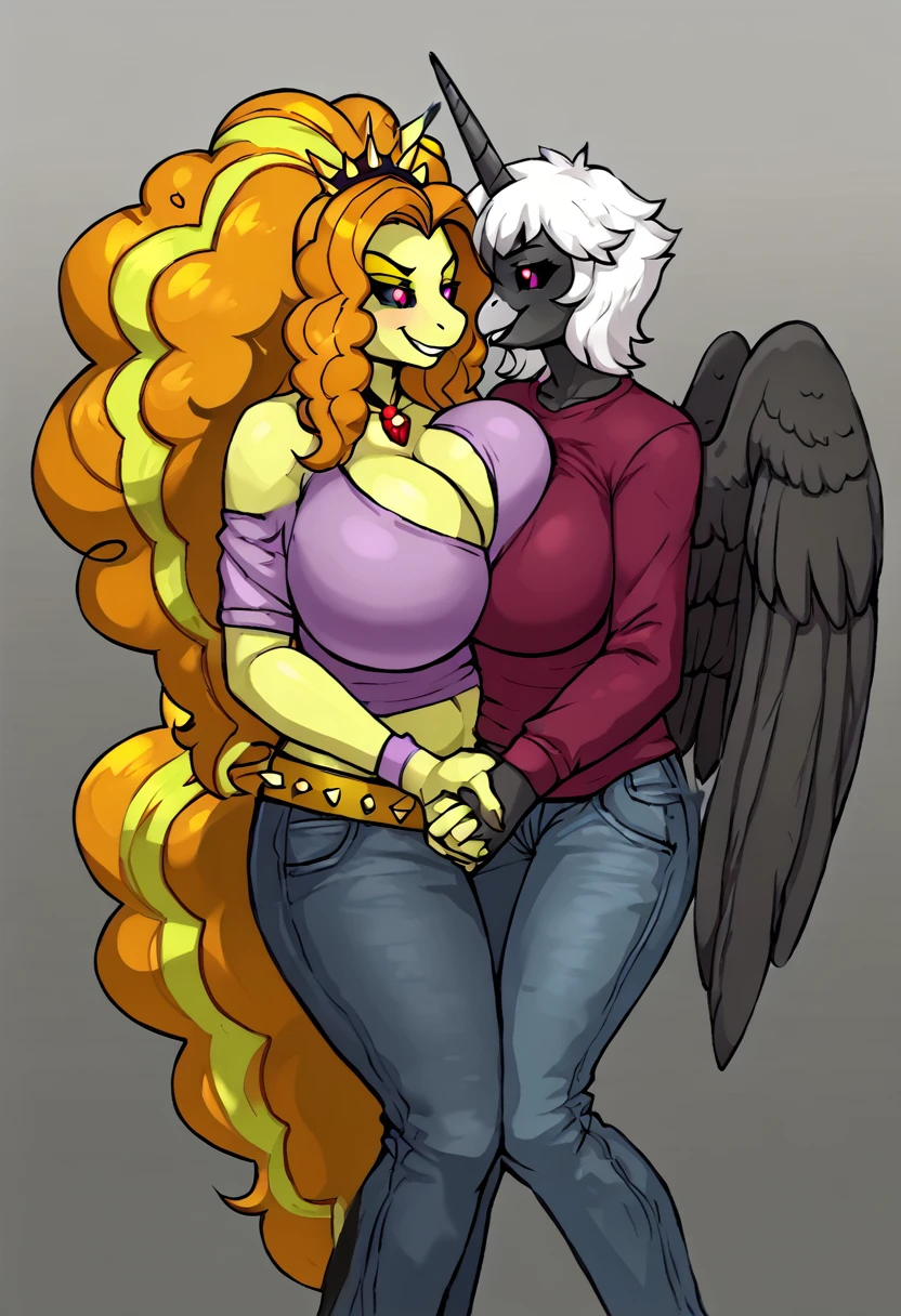 Bigger Alicorn princess mother of Adagio Dazzle , white mane,black sclera ,black body color long flowing mane pink eyes anthro huge breasts smiling ,clothing ,jeans lesbian sex holding arms, couple , love birds